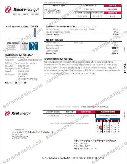USA XCEL ENERGY utility bill Word and PDF template